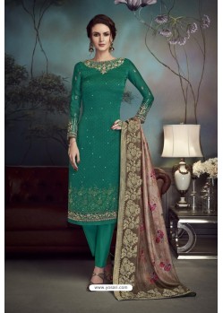 Jade Green Heavy Embroidered Satin Designer Straight Salwar Suit