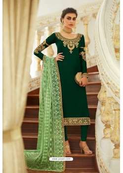 Dark Green Embroidered Satin Georgette Churidar Salwar Suit