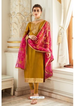 Mustard Embroidered Satin Georgette Churidar Salwar Suit