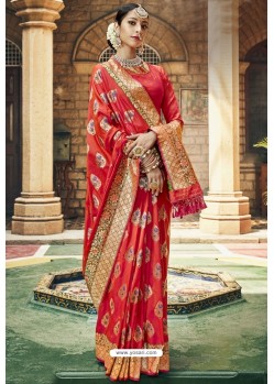 Red Traditional Party Wear Embroidered Silk Sari