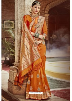 Orange Traditional Party Wear Embroidered Silk Sari