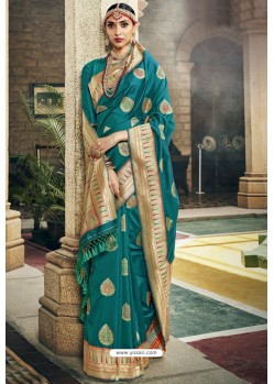 Teal Traditional Party Wear Embroidered Silk Sari