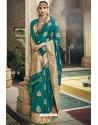 Teal Traditional Party Wear Embroidered Silk Sari