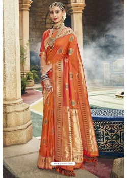 Orange Traditional Party Wear Embroidered Silk Sari