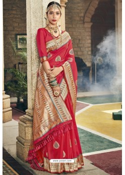 Dark Peach Traditional Party Wear Embroidered Silk Sari