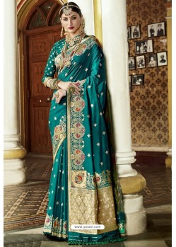 Teal Traditional Party Wear Embroidered Silk Sari