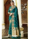 Teal Traditional Party Wear Embroidered Silk Sari