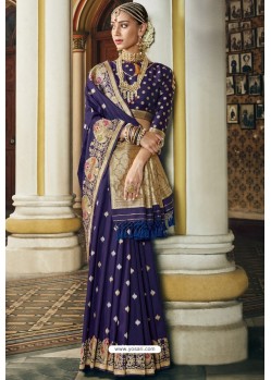 Dark Blue Traditional Party Wear Embroidered Silk Sari