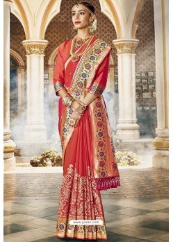 Rust Traditional Party Wear Embroidered Silk Sari