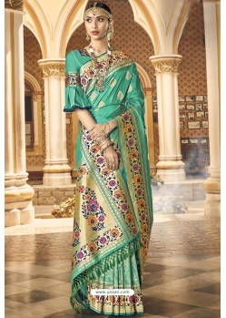 Jade Green Traditional Party Wear Embroidered Silk Sari
