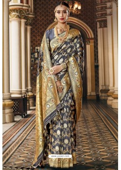 Grey Traditional Party Wear Embroidered Silk Sari