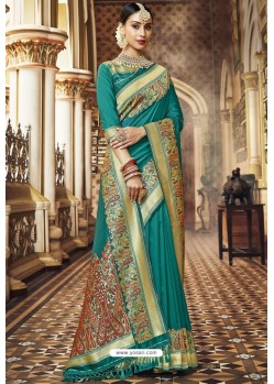 Teal Traditional Party Wear Embroidered Silk Sari