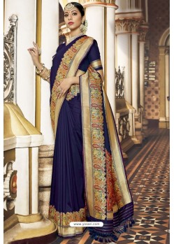 Navy Blue Traditional Party Wear Embroidered Silk Sari