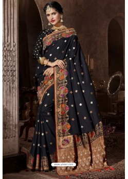 Carbon Traditional Party Wear Embroidered Silk Sari