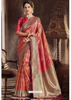 Dark Peach Traditional Party Wear Embroidered Silk Sari