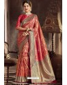 Dark Peach Traditional Party Wear Embroidered Silk Sari