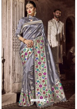 Silver Traditional Party Wear Embroidered Silk Sari