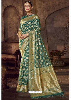 Dark Green Traditional Party Wear Embroidered Silk Sari