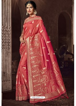 Dark Peach Traditional Party Wear Embroidered Silk Sari