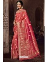 Dark Peach Traditional Party Wear Embroidered Silk Sari