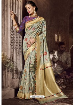 Grayish Green Traditional Party Wear Embroidered Silk Sari