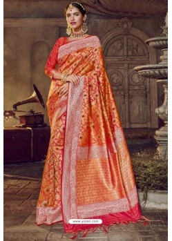 Orange Traditional Party Wear Embroidered Silk Sari