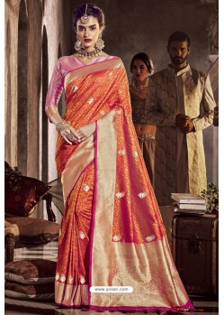 Orange Traditional Party Wear Embroidered Silk Sari