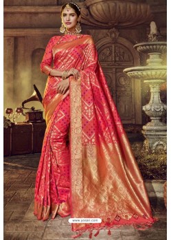 Dark Peach Traditional Party Wear Embroidered Silk Sari