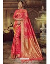 Dark Peach Traditional Party Wear Embroidered Silk Sari