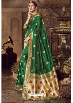 Forest Green Traditional Party Wear Embroidered Silk Sari