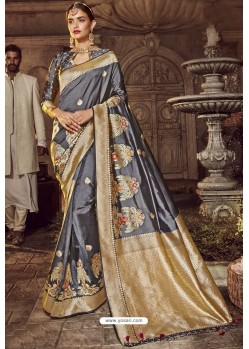 Grey Traditional Party Wear Embroidered Silk Sari