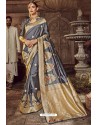 Grey Traditional Party Wear Embroidered Silk Sari