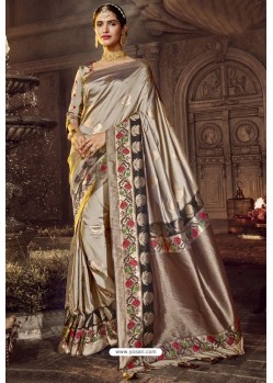 Taupe Traditional Party Wear Embroidered Silk Sari