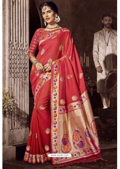 Dark Peach Traditional Party Wear Embroidered Silk Sari