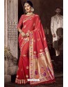 Dark Peach Traditional Party Wear Embroidered Silk Sari