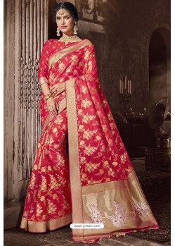 Dark Peach Traditional Party Wear Embroidered Silk Sari