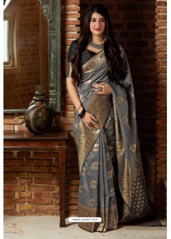 Grey Designer Party Wear Banarasi Silk Sari