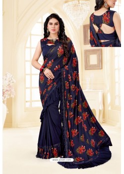 Navy Blue Party Wear Printed Imported Fabric Sari