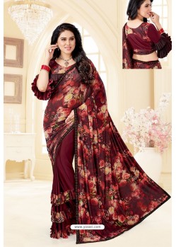 Maroon Party Wear Printed Imported Fabric Sari