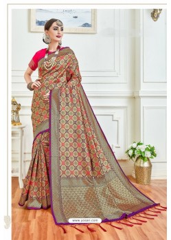 Beige Party Wear Embroidered Soft Silk Sari