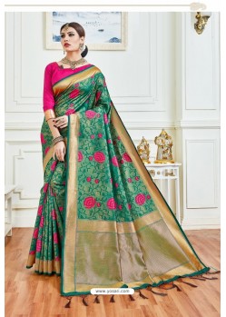 Dark Green Party Wear Embroidered Soft Silk Sari
