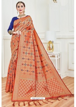 Orange Party Wear Embroidered Soft Silk Sari