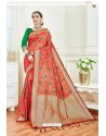 Dark Peach Party Wear Embroidered Soft Silk Sari