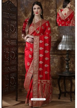 Red Party Wear Heavy Embroidered Silk Sari