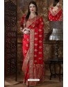 Red Party Wear Heavy Embroidered Silk Sari