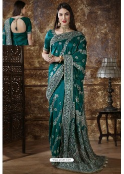 Teal Blue Party Wear Heavy Embroidered Silk Sari