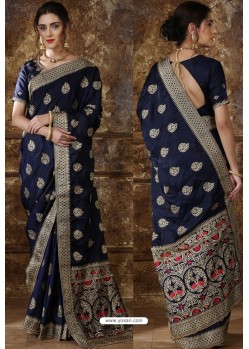 Navy Blue Party Wear Heavy Embroidered Silk Sari