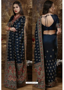 Peacock Blue Party Wear Heavy Embroidered Silk Sari