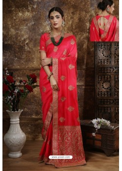 Dark Peach Party Wear Heavy Embroidered Silk Sari