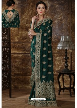 Dark Green Party Wear Heavy Embroidered Silk Sari